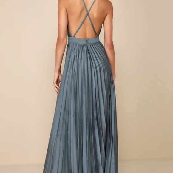 Lulus Ultimate Charm Dark Sage Grey Satin Pleated High-low Maxi Dress - Size L - Picture 2 of 8